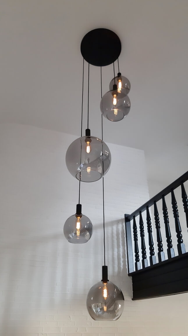 5-lichts hanglamp SONDRA licht smoke zwart | Ronde plafondplaat 50 cm