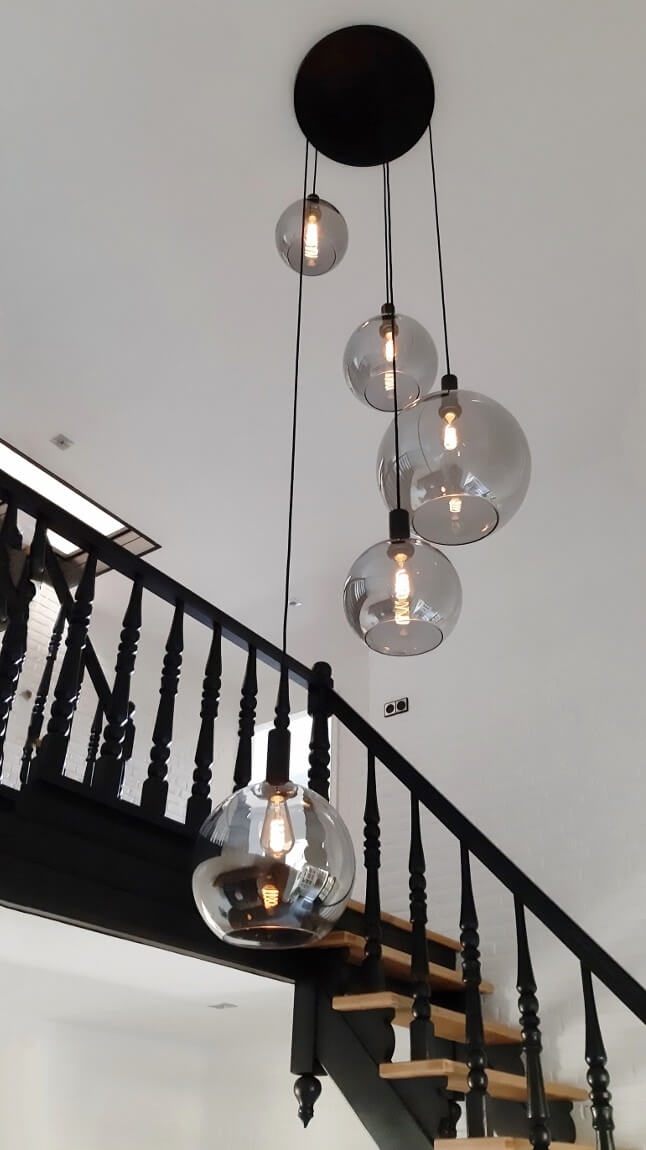 5-lichts hanglamp SONDRA licht smoke zwart | Ronde plafondplaat 50 cm