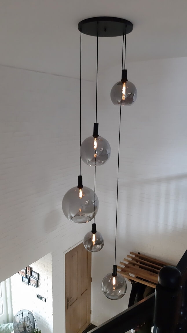 5-lichts hanglamp SONDRA licht smoke zwart | Ronde plafondplaat 50 cm