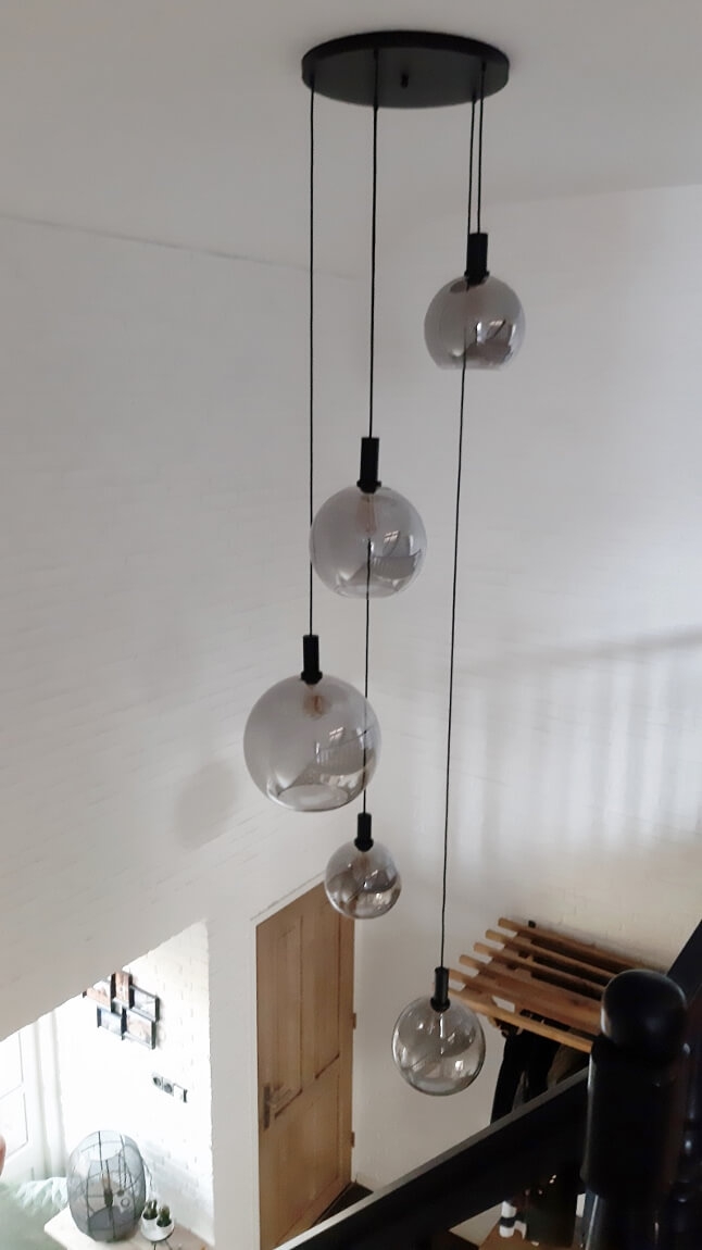 5-lichts hanglamp SONDRA licht smoke zwart | Ronde plafondplaat 50 cm
