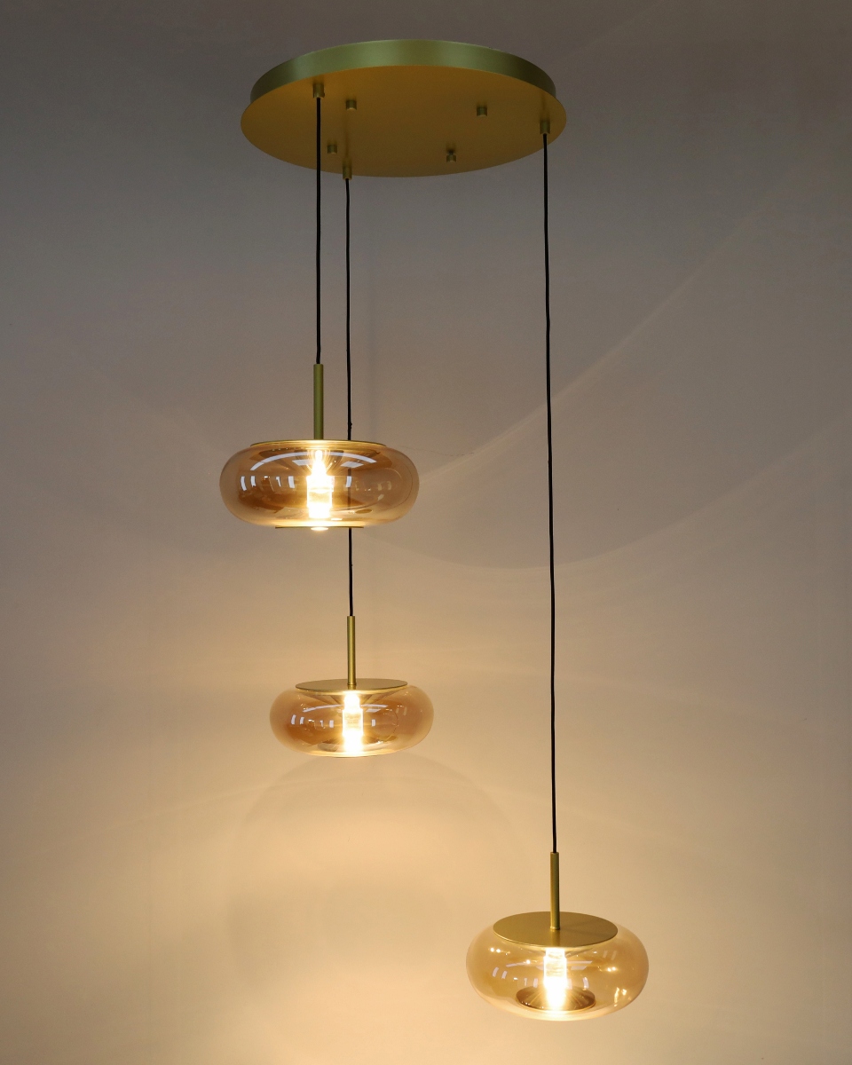 Luxe hanglamp ALVA 3-lichts rond | Goud / Amber