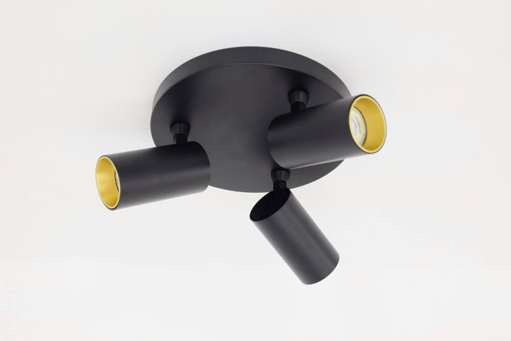 Strakke ronde kantelbare 3-lichts opbouwspot TELESCOPE XL | Zwart / Goud