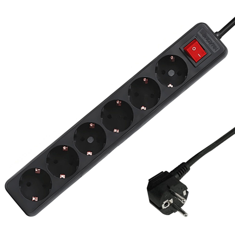Tafelcontactdoos 6-voudig | 3 meter snoer | met kinderbeveiliging en schakelaar | Zwart