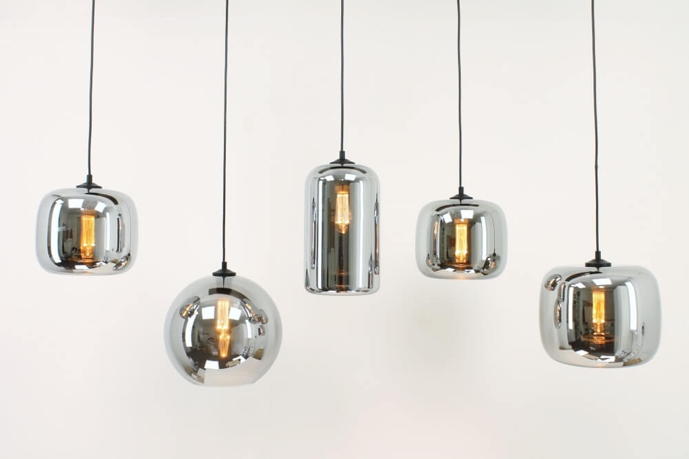 5-lichts hanglamp BY EEFFY II metallic smoke zwart | Brede balk 130 cm