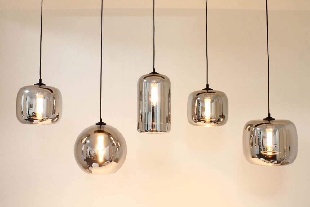5-lichts hanglamp BY EEFFY II metallic smoke zwart | Brede balk 130 cm