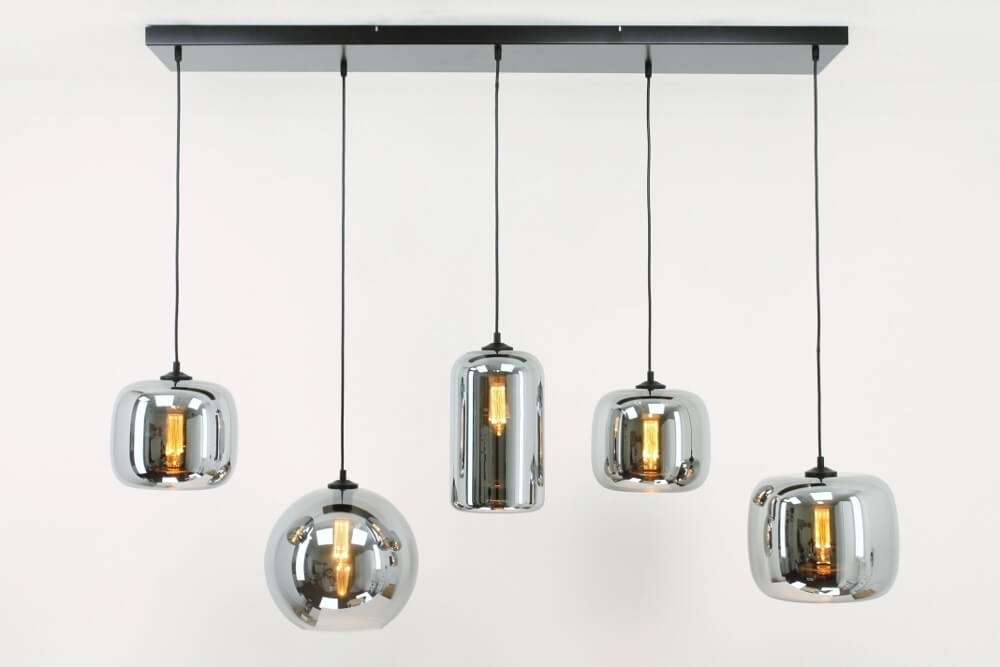 5-lichts hanglamp BY EEFFY II metallic smoke zwart | Brede balk 130 cm