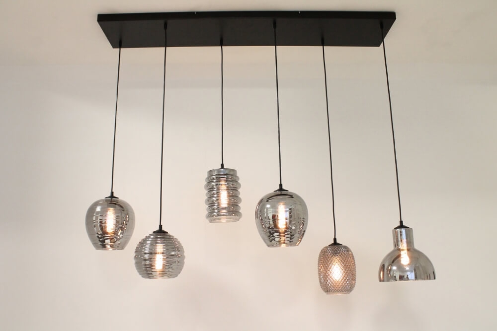 Zwarte hanglamp CLUSTER SMOKE 6-lichts brede balk 130 cm