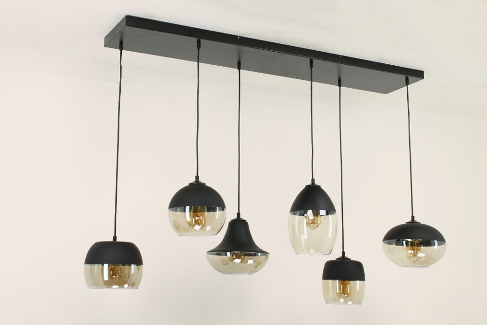 Charmante 6-lichts glazen hanglamp PHILOU zwart / amber fumé | Brede balk 130 cm