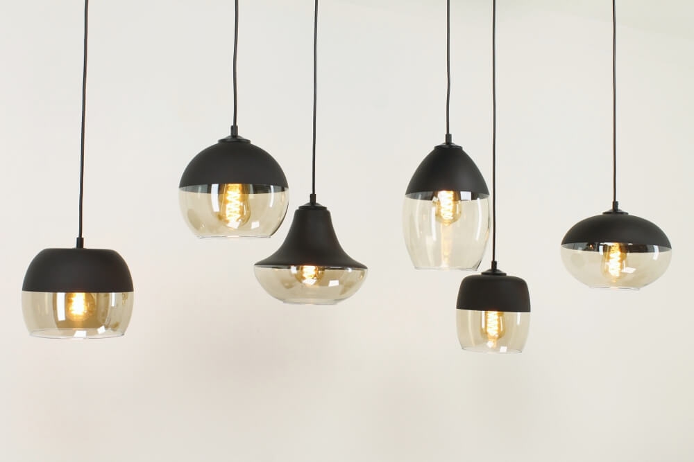 Charmante 6-lichts glazen hanglamp PHILOU zwart / amber fumé | Brede balk 130 cm