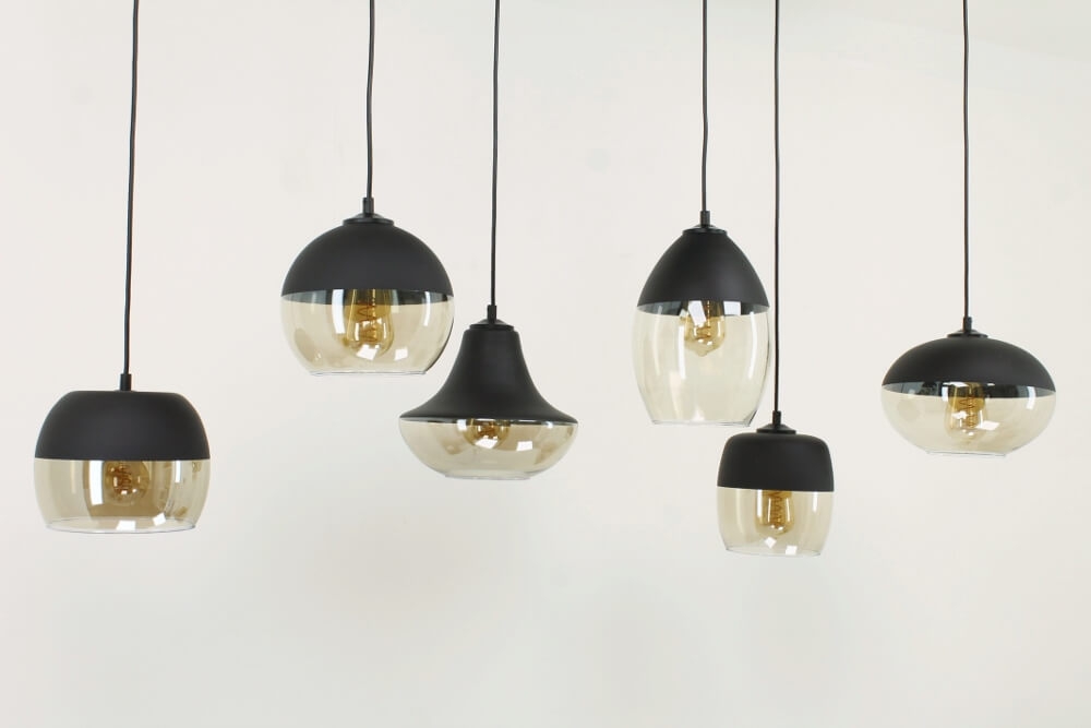 Charmante 6-lichts glazen hanglamp PHILOU zwart / amber fumé | Brede balk 130 cm