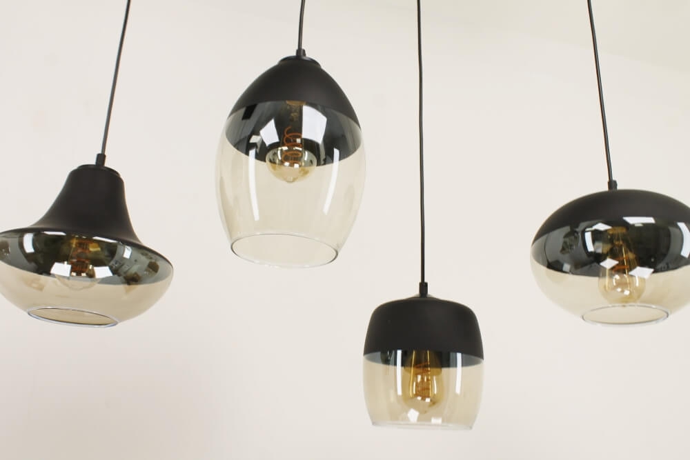 Charmante 6-lichts glazen hanglamp PHILOU zwart / amber fumé | Brede balk 130 cm