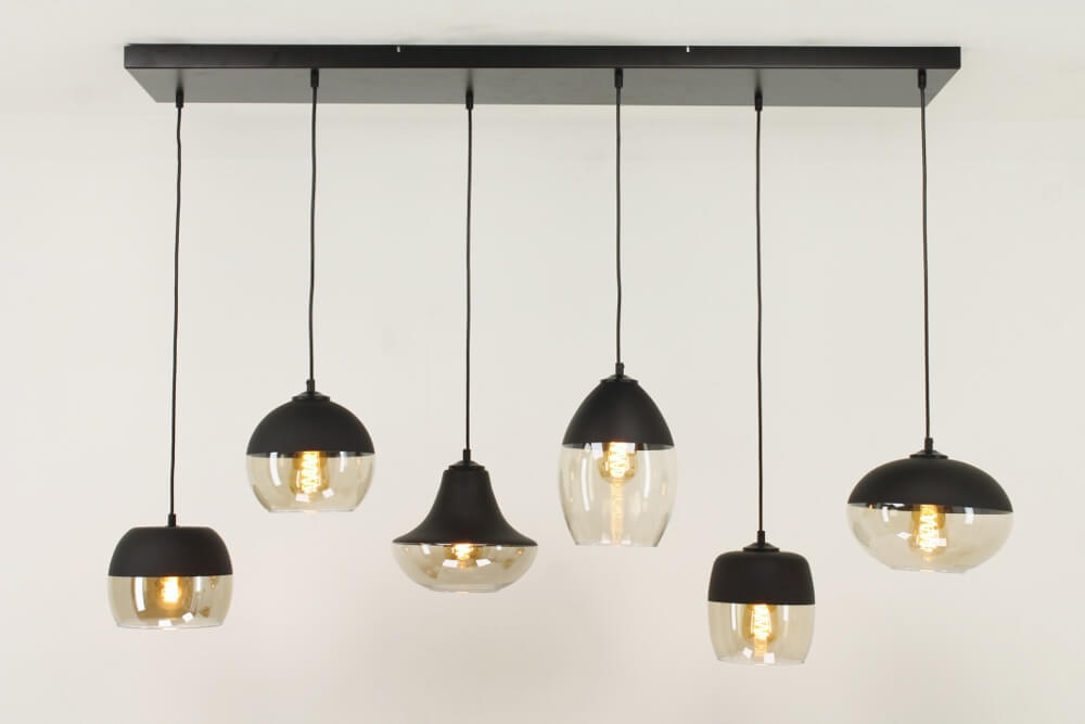 Charmante 6-lichts glazen hanglamp PHILOU zwart / amber fumé | Brede balk 130 cm