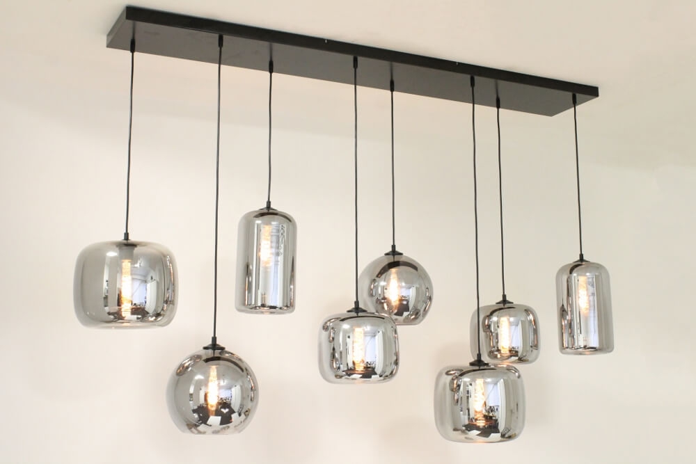 8-lichts hanglamp BY EEFFY metallic smoke zwart | Brede balk 160 cm