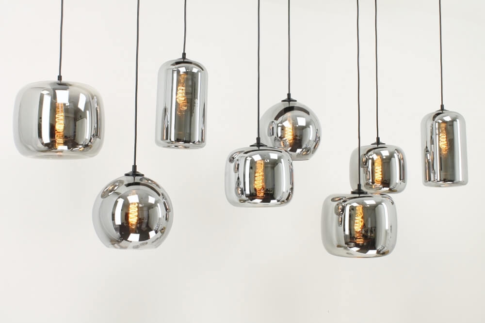 8-lichts hanglamp BY EEFFY metallic smoke zwart | Brede balk 160 cm