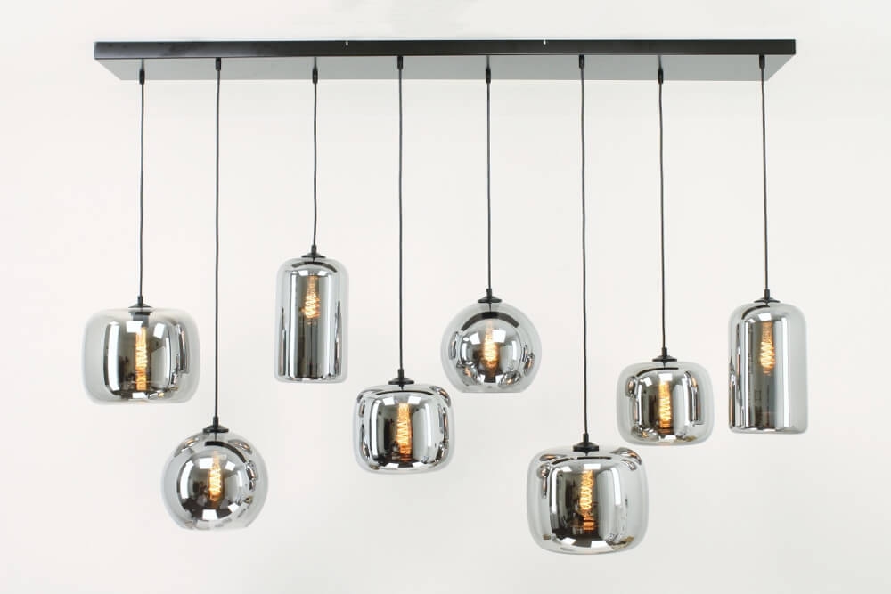 8-lichts hanglamp BY EEFFY metallic smoke zwart | Brede balk 160 cm