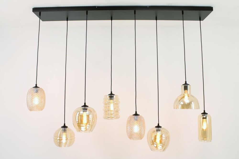 Zwarte hanglamp CLUSTER GOLD 8-lichts brede balk 160 cm