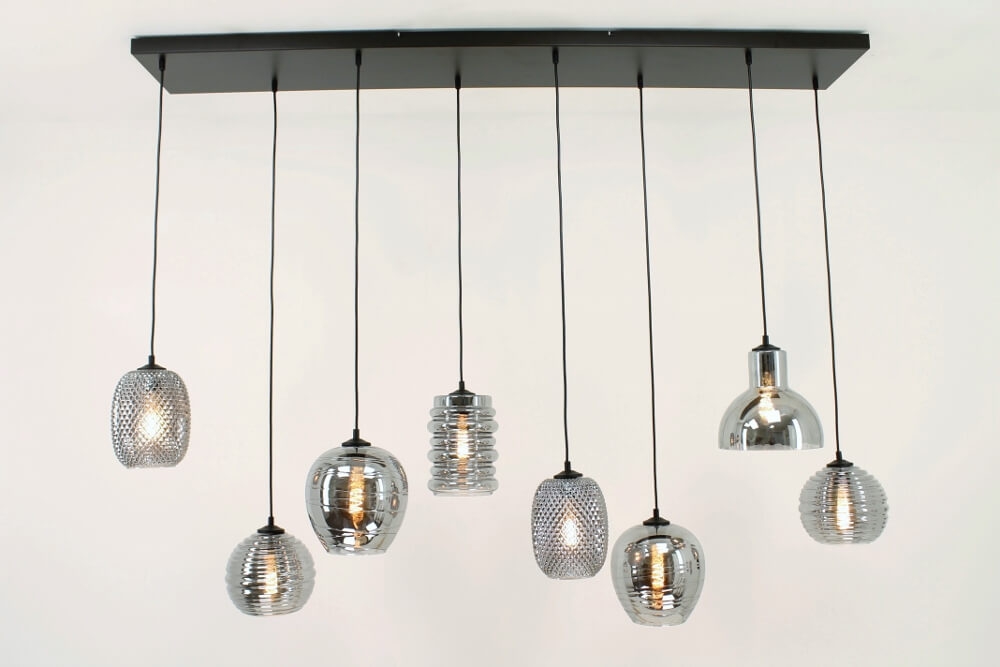 Zwarte hanglamp CLUSTER SMOKE 8-lichts brede balk 160 cm