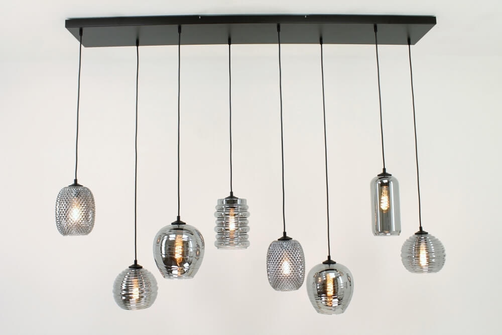 Zwarte hanglamp CLUSTER SMOKE 8-lichts brede balk 160 cm
