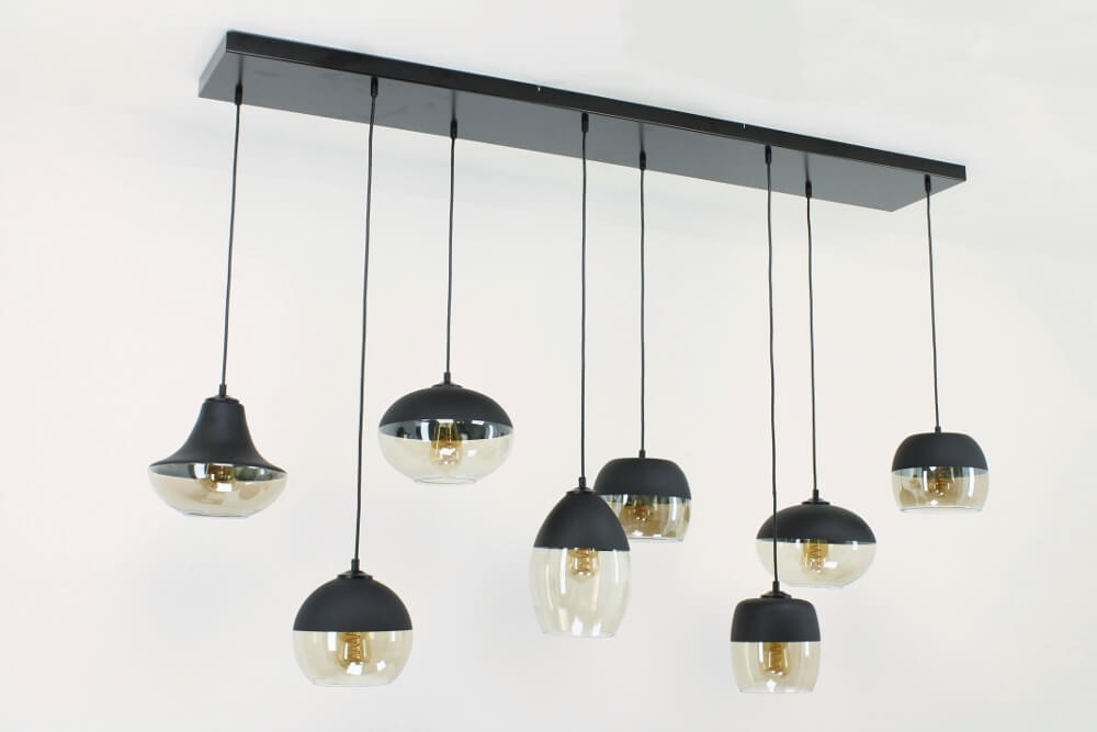 Charmante 8-lichts glazen hanglamp PHILOU zwart / amber fumé | Brede balk 160 cm