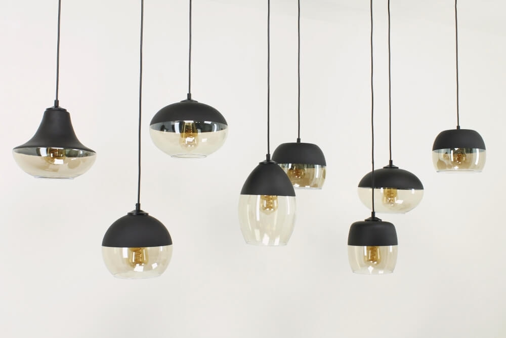 Charmante 8-lichts glazen hanglamp PHILOU zwart / amber fumé | Brede balk 160 cm
