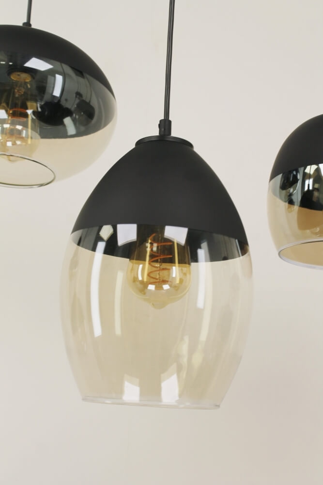 Charmante 8-lichts glazen hanglamp PHILOU zwart / amber fumé | Brede balk 160 cm