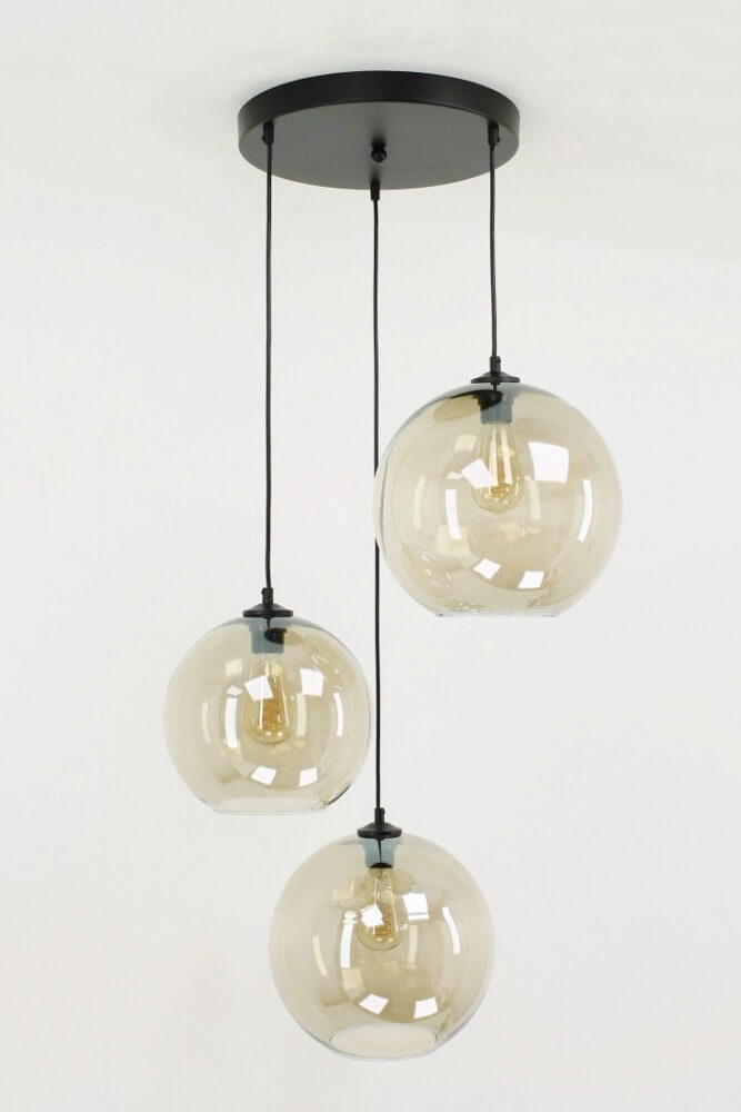 Glazen 3-lichts zwarte hanglamp BALLS smoke fumé | Ronde plaat 35 cm