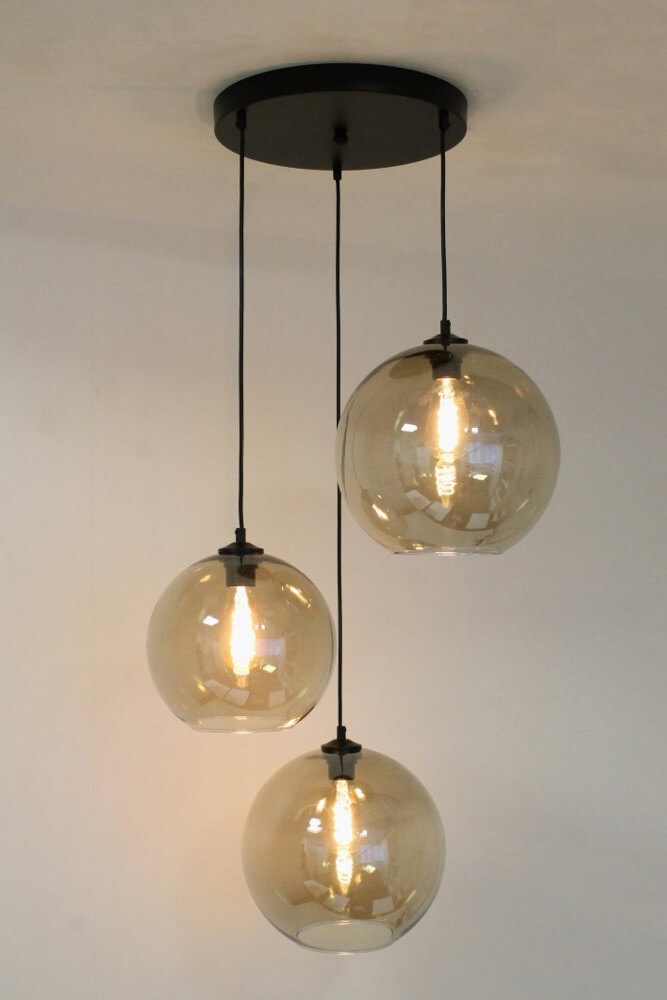 Glazen 3-lichts zwarte hanglamp BALLS smoke fumé | Ronde plaat 35 cm