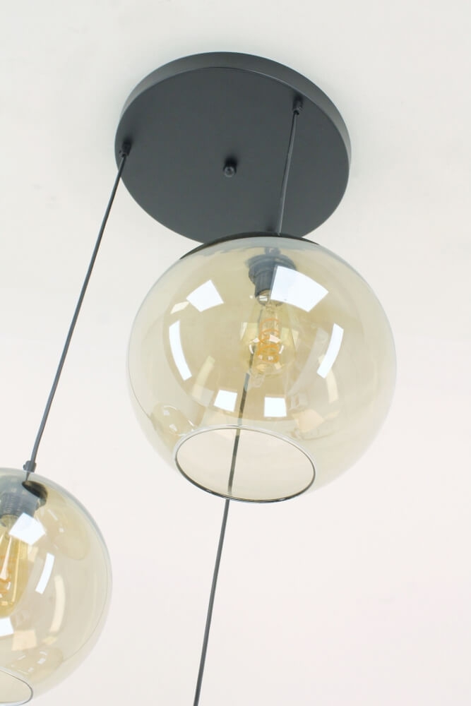 Glazen 3-lichts zwarte hanglamp BALLS smoke fumé | Ronde plaat 35 cm