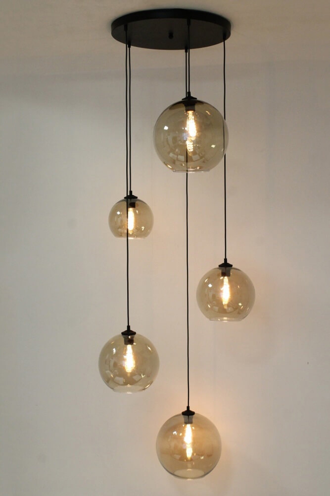 Glazen 5-lichts zwarte hanglamp BALLS smoke fumé | Ronde plaat 45 cm