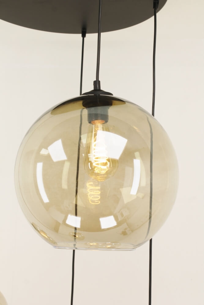 Glazen 5-lichts zwarte hanglamp BALLS smoke fumé | Ronde plaat 45 cm