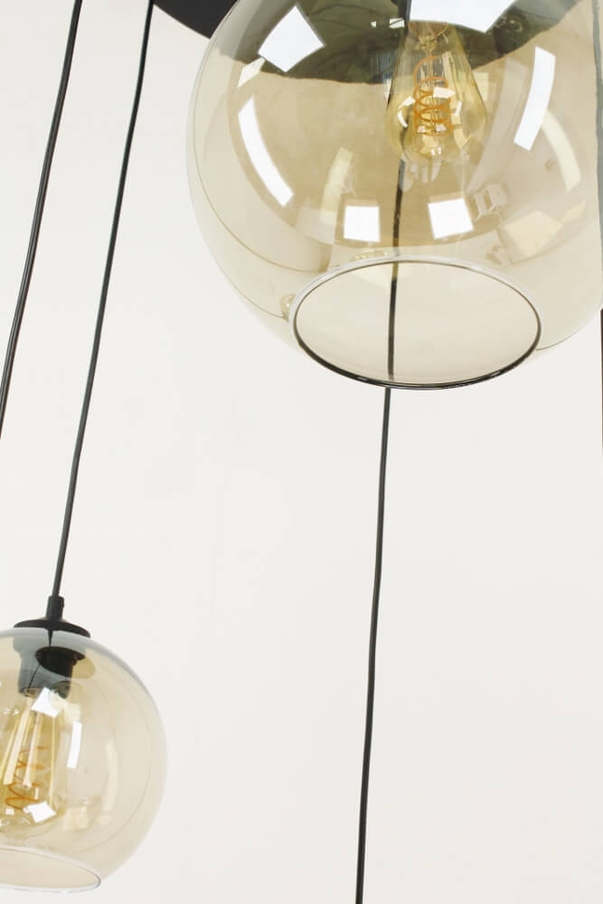 Glazen 5-lichts zwarte hanglamp BALLS smoke fumé | Ronde plaat 45 cm