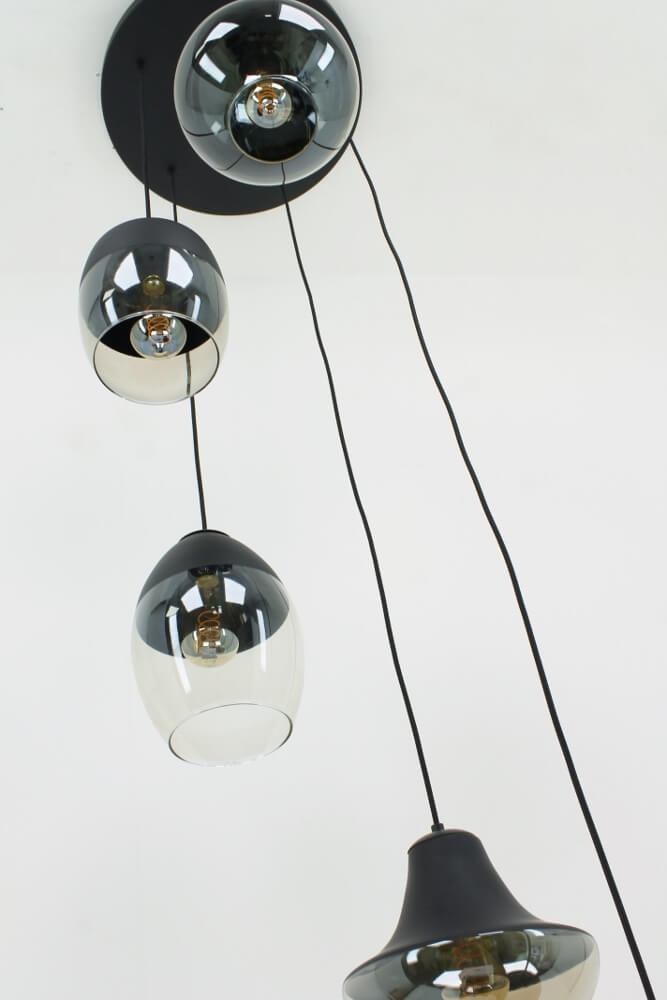 Charmante 5-lichts glazen hanglamp PHILOU zwart / amber fumé | Ronde plafondplaat 45 cm