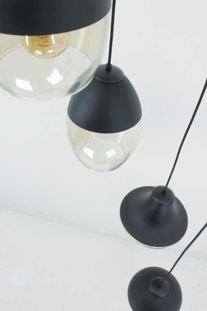Charmante 5-lichts glazen hanglamp PHILOU zwart / amber fumé | Ronde plafondplaat 45 cm