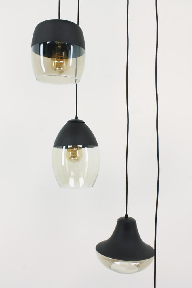 Charmante 5-lichts glazen hanglamp PHILOU zwart / amber fumé | Ronde plafondplaat 45 cm