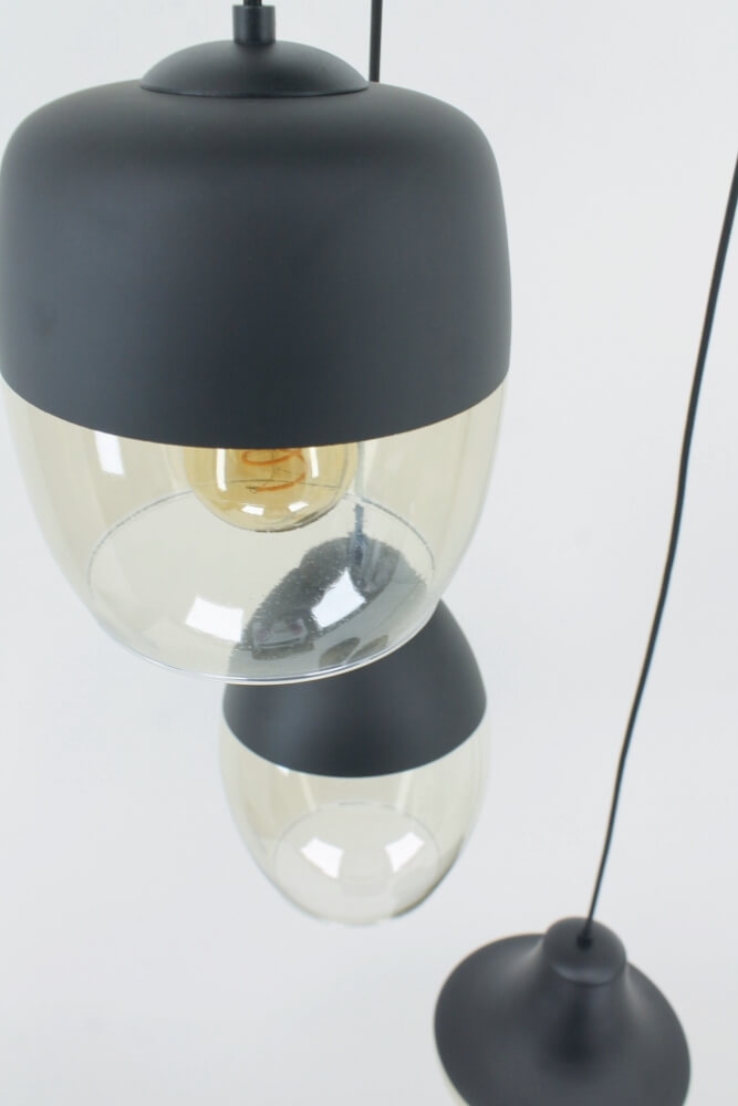Charmante 5-lichts glazen hanglamp PHILOU zwart / amber fumé | Ronde plafondplaat 45 cm