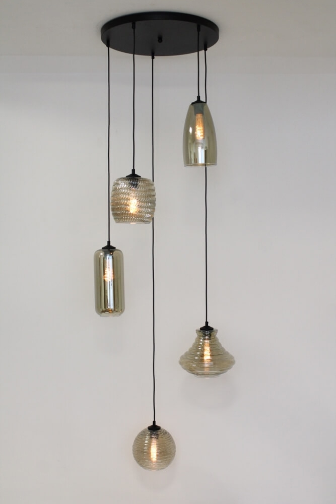 Hanglamp TINO 1 smoke fumé glas 5-lichts | Ronde plaat 45 cm