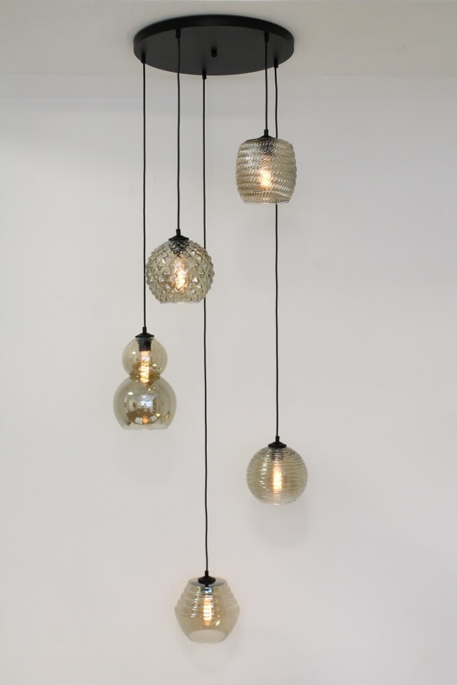 Hanglamp TINO 2 smoke fumé glas 5-lichts | Ronde plaat 45 cm