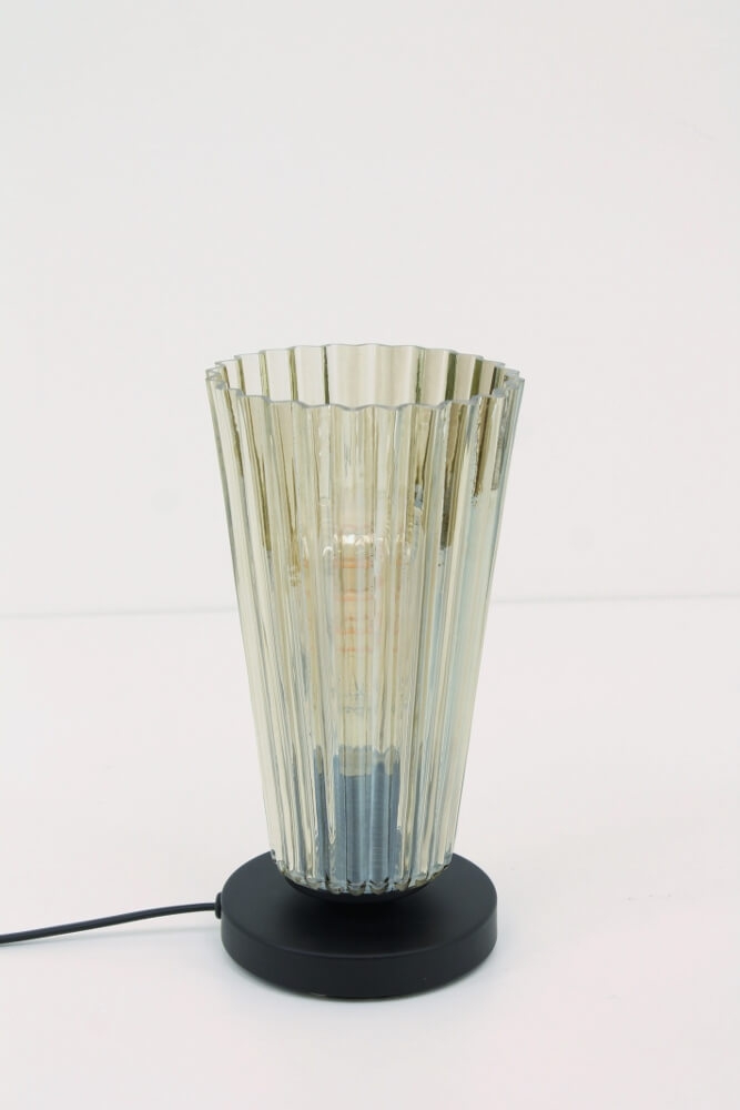 Zwarte tafellamp TINO smoke fumé glas | Conisch ribbel Ø 13 cm
