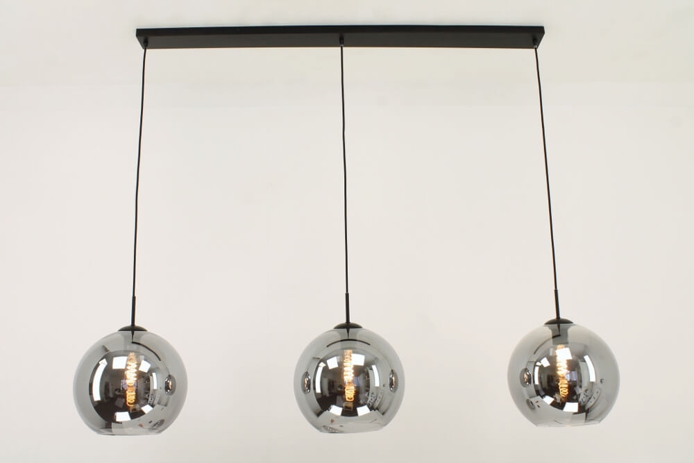 3-lichts hanglamp SACORRO metallic smoke zwart op balk | 3x Ø 30 cm