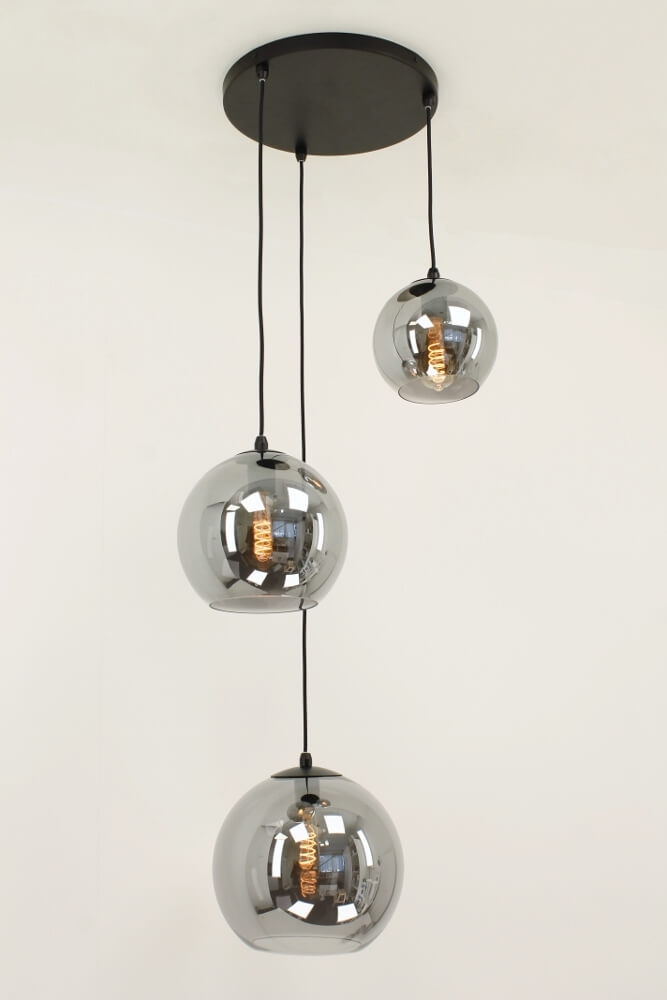 3-lichts hanglamp SACORRO metallic smoke zwart rond | glas met haak