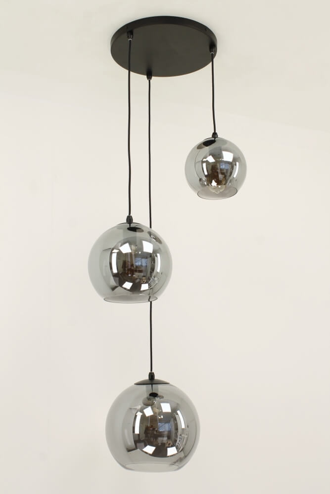 3-lichts hanglamp SACORRO metallic smoke zwart rond | glas met haak