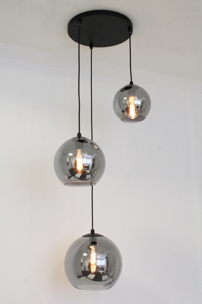 3-lichts hanglamp SACORRO metallic smoke zwart rond | glas met haak