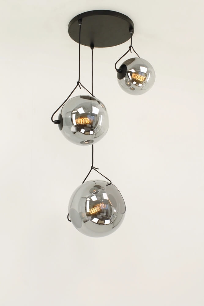 3-lichts hanglamp SACORRO metallic smoke zwart rond | 3 maten glas