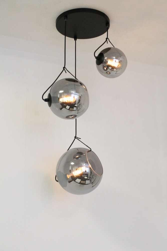3-lichts hanglamp SACORRO metallic smoke zwart rond | 3 maten glas
