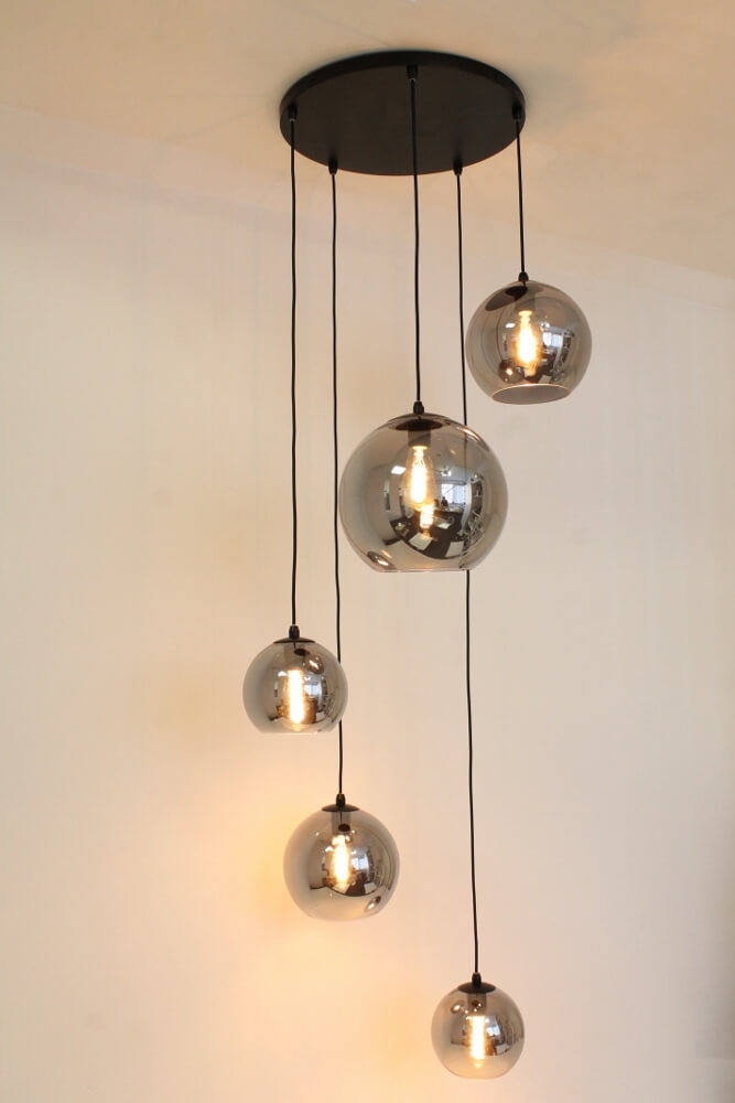 5-lichts hanglamp SACORRO metallic smoke zwart rond | glas met haak