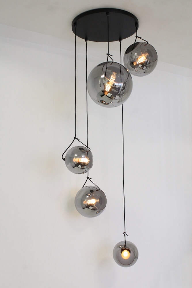 5-lichts hanglamp SACORRO metallic smoke zwart rond | glas met haak