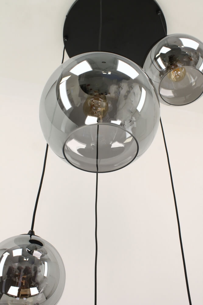 5-lichts hanglamp SACORRO metallic smoke zwart rond | glas met haak
