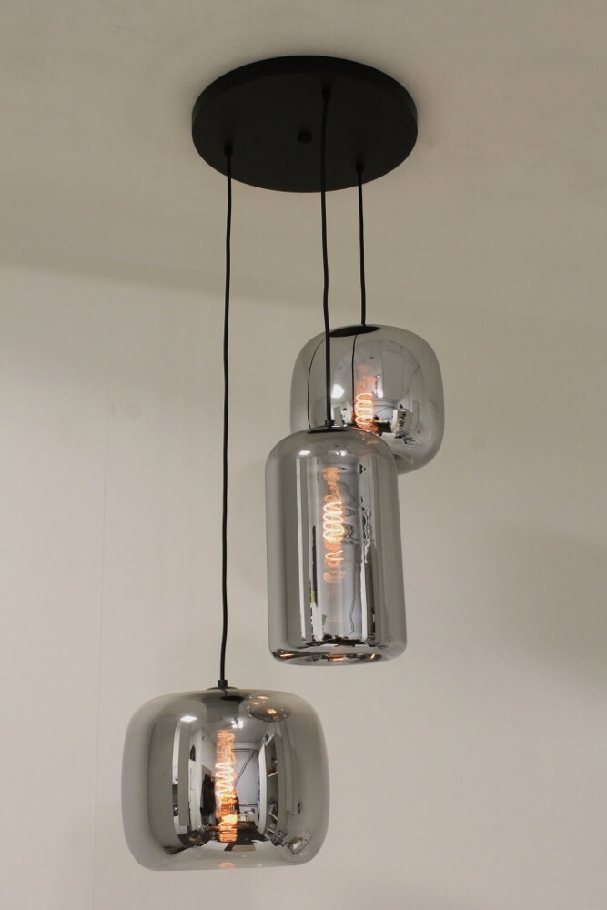 3-lichts hanglamp BY EEFFY I metallic smoke zwart | Ronde plafondplaat 35 cm