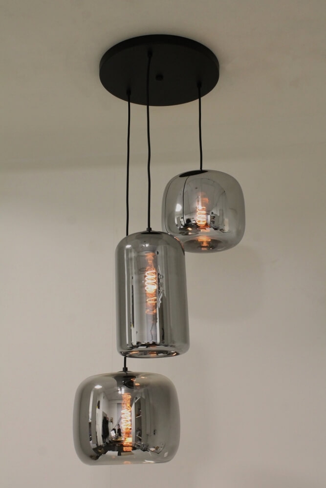 3-lichts hanglamp BY EEFFY I metallic smoke zwart | Ronde plafondplaat 35 cm