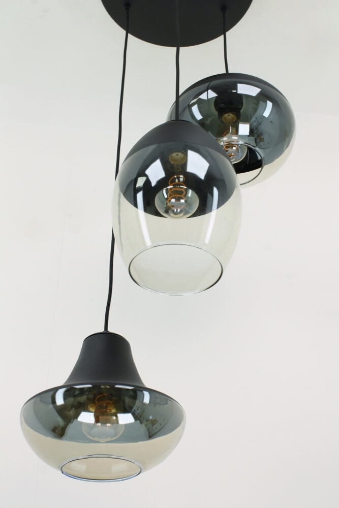 Charmante 3-lichts glazen hanglamp PHILOU zwart / amber fumé | Ronde plafondplaat 35 cm